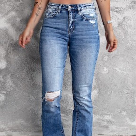 Blue Distressed Flare Leg Jean - Picture 1 of 4